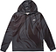 Introducing the Yonex YHD6 Unisex Badminton Hoodie – Storm: a black and dark gray Yonex hoodie adorned with an abstract swirl design, featuring a front pocket and a small white logo on the left chest—ideal for fans of Yonex team apparel.