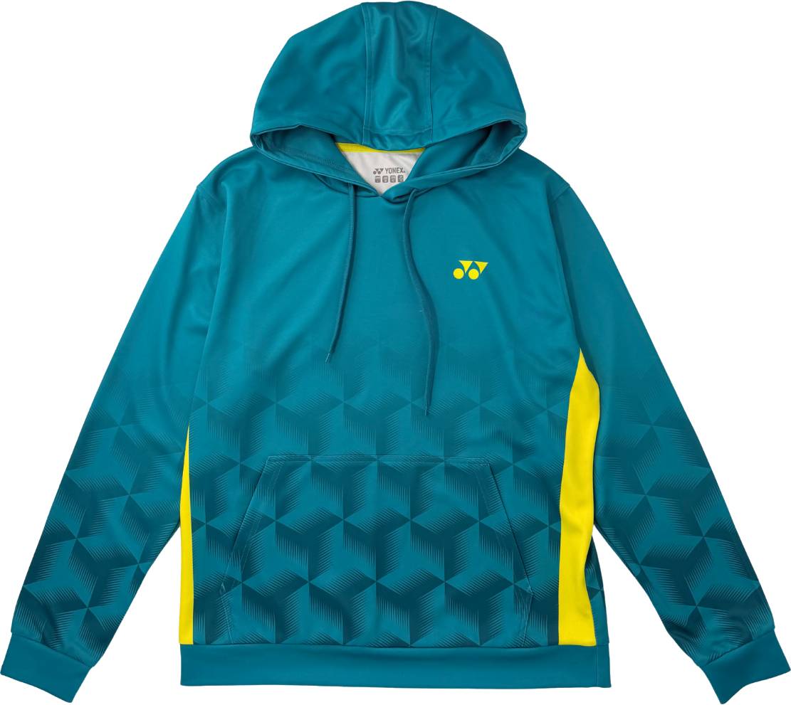 Introducing the Yonex YHD7 Unisex Badminton Hoodie in Teal—a stylish sports hoodie from Yonex featuring a geometric cube pattern, yellow side accents, front pocket, and a small yellow chest logo. This unisex hoodie offers drawstrings and long sleeves, making it ideal for team apparel or casual wear.
