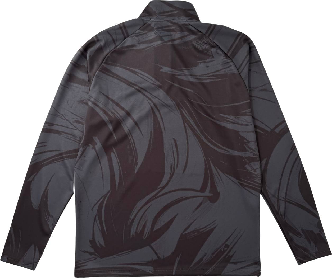 The Yonex YML6 Unisex Badminton Midlayer - Storm is a long-sleeve, dark-toned shirt with an abstract black and gray swirling pattern and a subtle quarter zip design, shown from the back—ideal for team apparel.