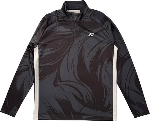 The Yonex YML6 Unisex Badminton Midlayer - Storm is a long-sleeve black and gray pullover with abstract swirl patterns, a quarter zip neckline, and a small white Yonex logo on the chest—ideal for team apparel or individual training.