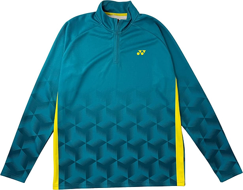 Introducing the Yonex YML7 Unisex Badminton Midlayer in teal—a long-sleeve athletic pullover designed with a geometric cube pattern, yellow side accents, and a convenient quarter zipper. Part of the latest Yonex team apparel collection, this midlayer features the Yonex logo on the chest for a signature touch.
