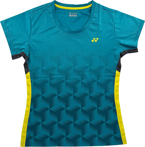 The Yonex YTL12 Women’s Badminton T-Shirt in teal features a geometric cube pattern, yellow side panels, and a small yellow Yonex logo on the left chest—making it ideal team apparel for badminton.