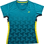 The Yonex YTL12 Women’s Badminton T-Shirt in teal features a geometric cube pattern, yellow side panels, and a small yellow Yonex logo on the left chest—making it ideal team apparel for badminton.