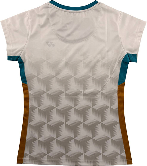 Introducing the Yonex YTL12 Women’s Badminton T-Shirt in White—a stylish short-sleeve shirt featuring teal and brown side panels, along with a subtle gray geometric cube pattern on the lower back. Designed by Yonex, this top showcases a discreet logo near the collar and is perfect for team apparel.