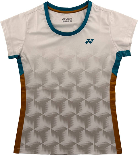 The Yonex YTL12 Women’s Badminton T-Shirt in white features a geometric cube pattern, blue collar and side panels, and stylish brown accents. The Yonex logo appears on the left chest, making this Yonex team apparel a perfect addition to any women’s badminton t-shirt collection.