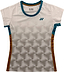 The Yonex YTL12 Women’s Badminton T-Shirt in white features a geometric cube pattern, blue collar and side panels, and stylish brown accents. The Yonex logo appears on the left chest, making this Yonex team apparel a perfect addition to any women’s badminton t-shirt collection.