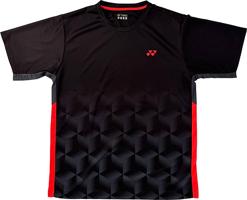 Introducing the Yonex YTM12 Men’s Badminton T-Shirt in black, featuring a stylish geometric cube pattern, striking red side panels, and a subtle red Yonex logo on the left chest—ideal for fans of premium Yonex team apparel.