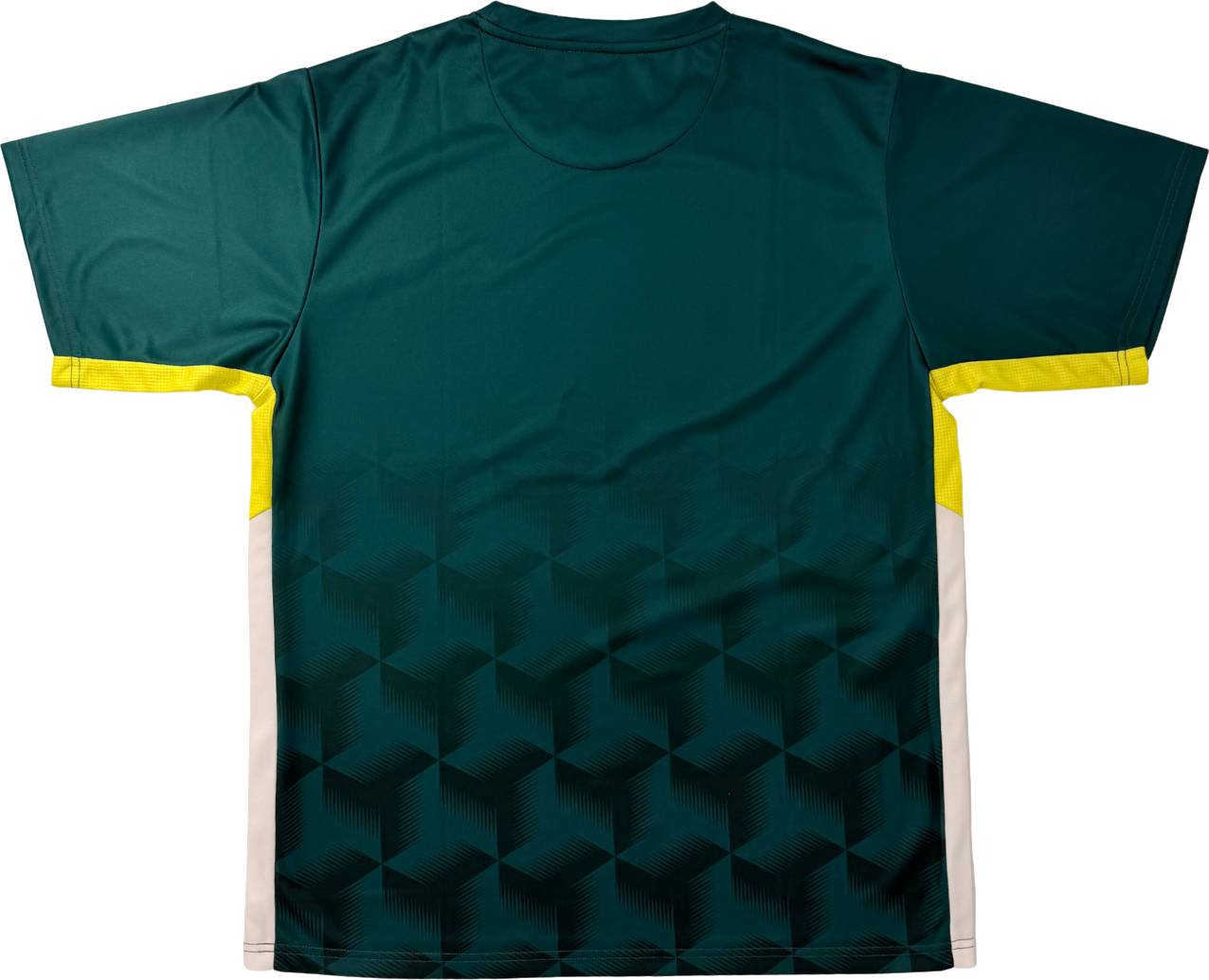 A Yonex YTM12 Men’s Badminton T-Shirt in dark teal, featuring short sleeves, a geometric pattern on the lower half, yellow accents along the sides, and white side panels. The shirt is laid flat with the back facing up.