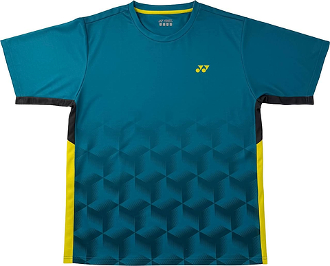 The Yonex YTM12 Men’s Badminton T-Shirt in teal is a team apparel piece featuring short sleeves, a vibrant yellow Yonex logo, bold black geometric patterns on the lower half, yellow side panels, and black trim along the sleeve edges.