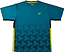 The Yonex YTM12 Men’s Badminton T-Shirt in teal is a team apparel piece featuring short sleeves, a vibrant yellow Yonex logo, bold black geometric patterns on the lower half, yellow side panels, and black trim along the sleeve edges.