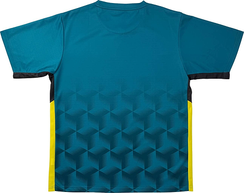 The Yonex YTM12 Men’s Badminton T-Shirt in teal, from Yonex, features a subtle geometric cube pattern on the lower back and bright yellow side panels. Shown laid flat from the back, this short sleeve shirt is perfect for stylish team apparel.