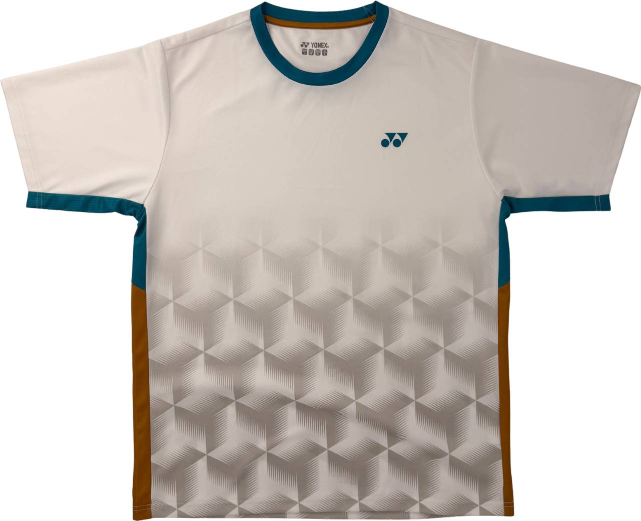 Introducing the Yonex YTM12 Men’s Badminton T-Shirt in white—a stylish short sleeve shirt by Yonex, showcasing a geometric cube pattern, teal accents on the sleeves and collar, brown side panels, and a subtle teal chest logo. Ideal for team uniforms or individual players who want both performance and modern style.