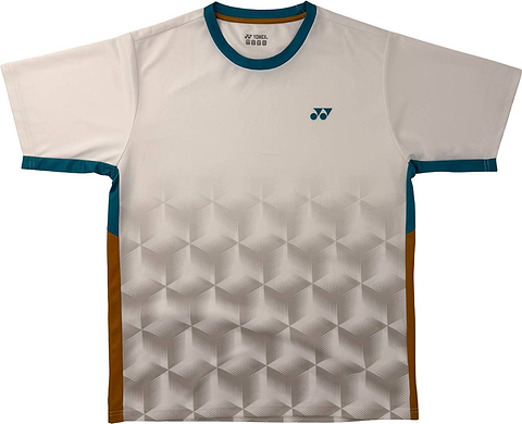 Introducing the Yonex YTM12 Men’s Badminton T-Shirt in white—a stylish short sleeve shirt by Yonex, showcasing a geometric cube pattern, teal accents on the sleeves and collar, brown side panels, and a subtle teal chest logo. Ideal for team uniforms or individual players who want both performance and modern style.