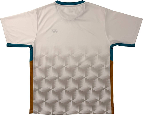 The Yonex YTM12 Men’s Badminton T-Shirt in white features a cream and beige geometric cube pattern on the back, dark teal collar and sleeve edges, and brown side panels—making it the ideal Yonex badminton team apparel.