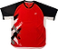 The Yonex YTM13 Men’s Badminton T-Shirt in red, by Yonex, is a men’s short sleeve team apparel featuring bold black, white, and gray brushstroke patterns on the left side and a small white logo on the chest.
