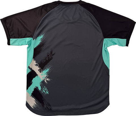 The Yonex YTM13 Men’s Badminton T-Shirt - Storm features short sleeves in dark gray and black, accented by teal and beige paintbrush-style streaks across the lower back—making it a perfect addition to your team apparel collection.