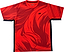 The Yonex YTM14 Men’s Badminton T-Shirt in Coral is a short sleeve sports tee featuring bold, abstract dark red patterns and a small black and white Yonex logo on the upper left chest. Black accents run along the sides and sleeve edges, making it an excellent choice for team apparel.