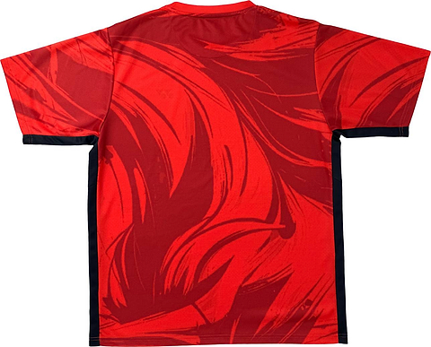 Back view of the Yonex YTM14 Men’s Badminton T-Shirt in vibrant coral, showcasing dynamic dark red and orange abstract swirl patterns with sleek black trim along the sleeves and sides—ideal for team apparel.