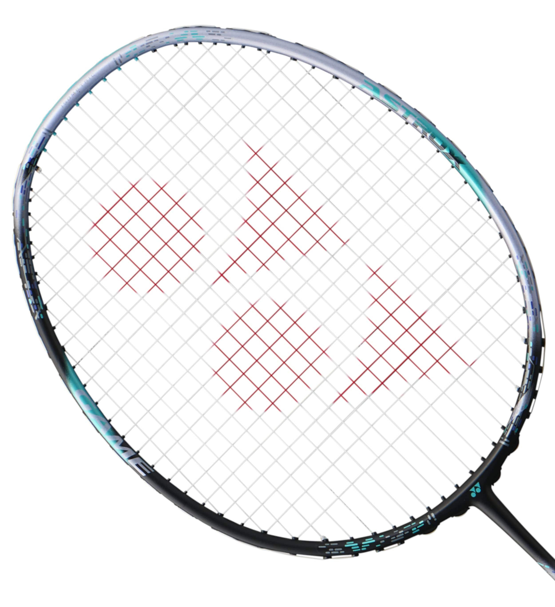 Close-up of a Yonex Astrox 88D Game 4U Gen 3 2024 badminton racket showcasing red diagonal patterns on the strings. The frame is black with subtle silver accents, delivering an exceptional blend of power and control for every swing.