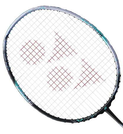 Close-up of a Yonex Astrox 88D Game 4U Gen 3 2024 badminton racket showcasing red diagonal patterns on the strings. The frame is black with subtle silver accents, delivering an exceptional blend of power and control for every swing.