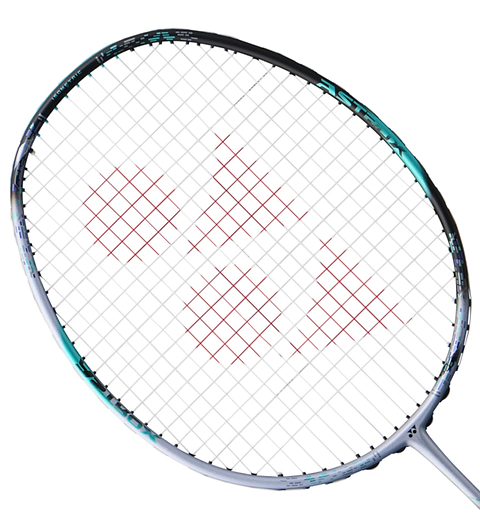 The Yonex Astrox 88S Pro 4U Gen 3 2024 badminton racket, in a striking silver and black frame with red strings arranged in a geometric pattern, is ideal for aggressive players. Its design, highlighted by isometric technology, is set against a pristine white background.