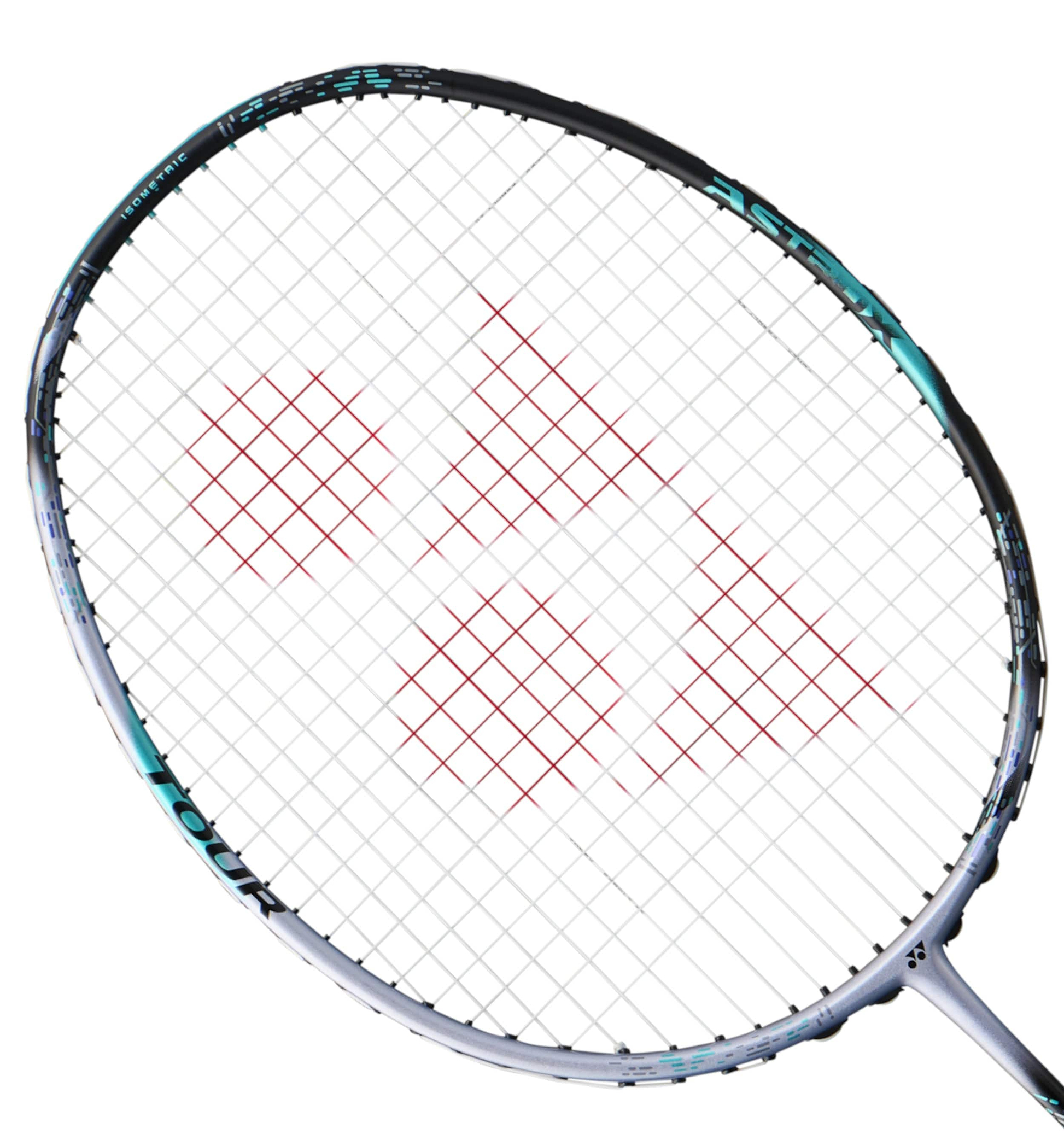 The Yonex Astrox 88S Tour 4U Gen 3 2024 badminton racket's head features a close-up of red strings arranged in a geometric pattern. The racket, designed for aggressive players, combines silver and black colors with blue accents against a simple white backdrop, making it ideal for doubles enthusiasts.
