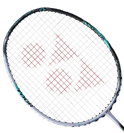The Yonex Astrox 88S Tour 4U Gen 3 2024 badminton racket's head features a close-up of red strings arranged in a geometric pattern. The racket, designed for aggressive players, combines silver and black colors with blue accents against a simple white backdrop, making it ideal for doubles enthusiasts.