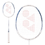 A Yonex Nanoflare 001 Clear 5U Badminton Racket in White/Sax, with a head-light balance and red Yonex logo on the strings, is shown fully and in a close-up of the head against a white background.