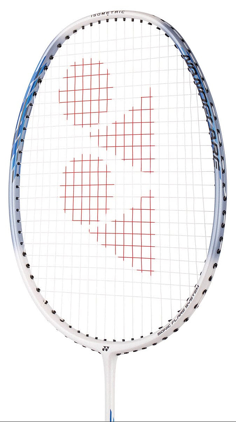 The Yonex Nanoflare 001 Clear 5U Badminton Racket in White/Sax features a head-light balance, red strings forming three circles and a triangle, blue and black frame accents, and a visible Yonex logo on the string bed.