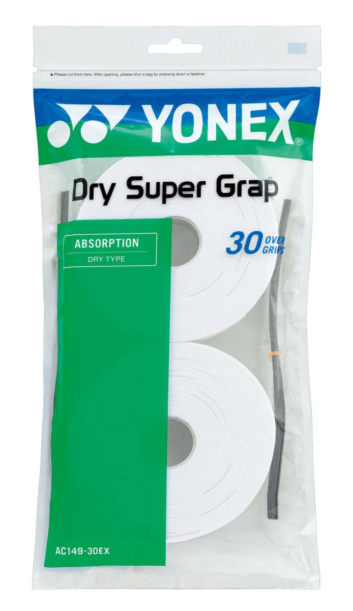 The Yonex AC149-30EX Dry Super Grap Badminton Overgrip (30 Pack) in white is a high-performance Yonex overgrip featuring "Absorption" and "Dry Type" properties, making it an ideal choice for badminton players seeking reliable grip and comfort.