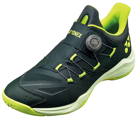 The Yonex Power Cushion 88 Dial 3 Unisex Badminton Shoes in Deep Green feature the innovative BOA Fit System for precise lacing, a low-cut design, breathable mesh texture, and a white sole highlighted by bold green accents.