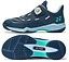 A navy and white Yonex Power Cushion 88 Dial 3 Wide unisex badminton shoe featuring the advanced BOA Fit System with a white BOA dial, green accents, and a light blue and black textured sole, shown from both the side and bottom views.