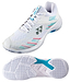 The Yonex Power Cushion Cascade Accel Wide Unisex Badminton Shoes in White and Light Blue feature a wide, athletic design with turquoise and pink accents. Displayed from a side angle alongside their textured grip sole showcasing the iconic blue Yonex Power Cushion logo, these court shoes offer superior stability and comfort for badminton players.