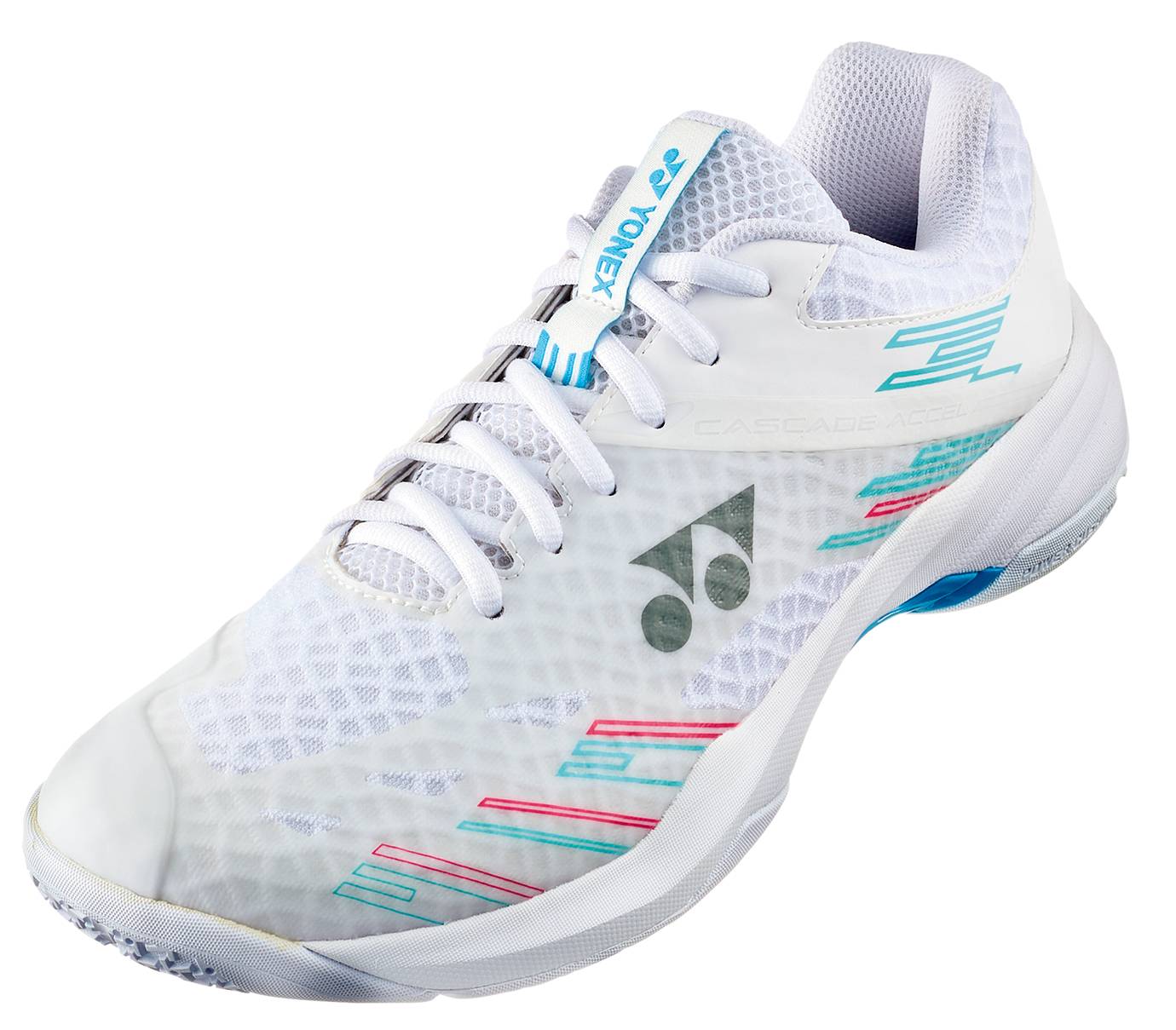 The Yonex Power Cushion Cascade Accel Wide Unisex Badminton Shoes in White and Light Blue feature a breathable mesh upper with white laces, subtle teal and red accents, and the signature Yonex logo on the side and tongue. Specially designed in a wide fit, these shoes provide exceptional comfort and support for dynamic movement on the court.