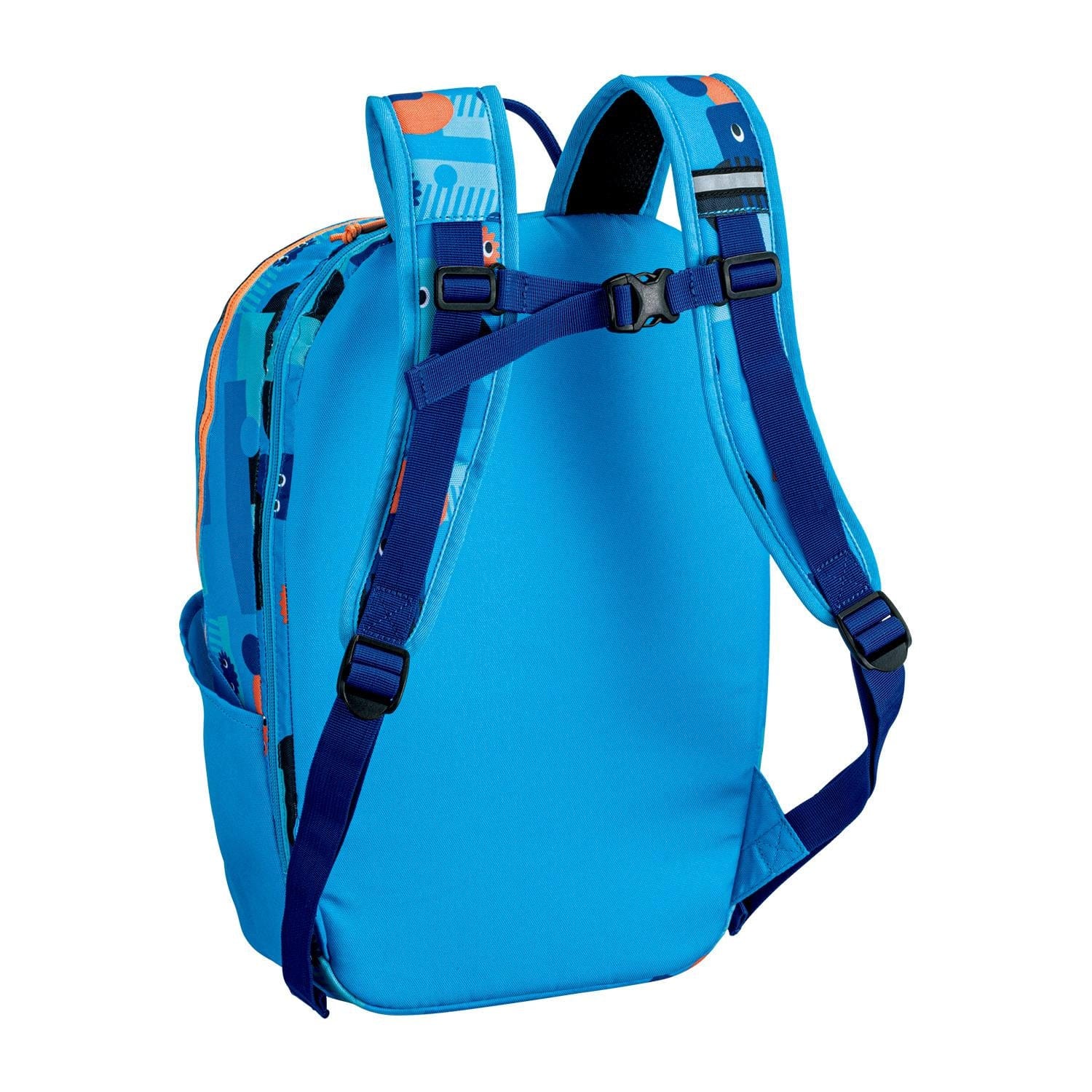 The Yonex 22512 Junior Badminton Backpack - Ocean Blue features a spacious design with padded shoulder straps, dark blue adjustable accents, and a front chest buckle. Its ergonomic shape enhances comfort, while colorful geometric patterns on the sides and top add vibrancy.