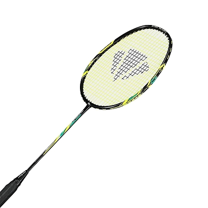 The Carlton Tru-Storm FS 2000 Badminton Racket by Carlton features a black and yellow frame, white strings, and a black handle, shown on a white background.