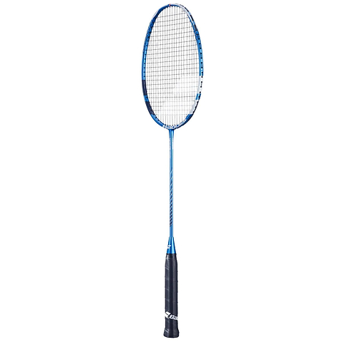 The Babolat Satelite Spire Badminton Racket in blue, crafted by Babolat, features a blue frame with white accents. It includes a netted oval head, a slim shaft, and Shot Optimizer technology to enhance performance. The racket's black handle comes with a textured grip for improved handling.