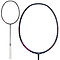 Two Li-Ning Axforce 80 3U Badminton Rackets in black are shown: one displays the white handle and dark frame, while the other is a close-up of the oval head with strings, featuring pink and orange details plus advanced Li-Ning technology.