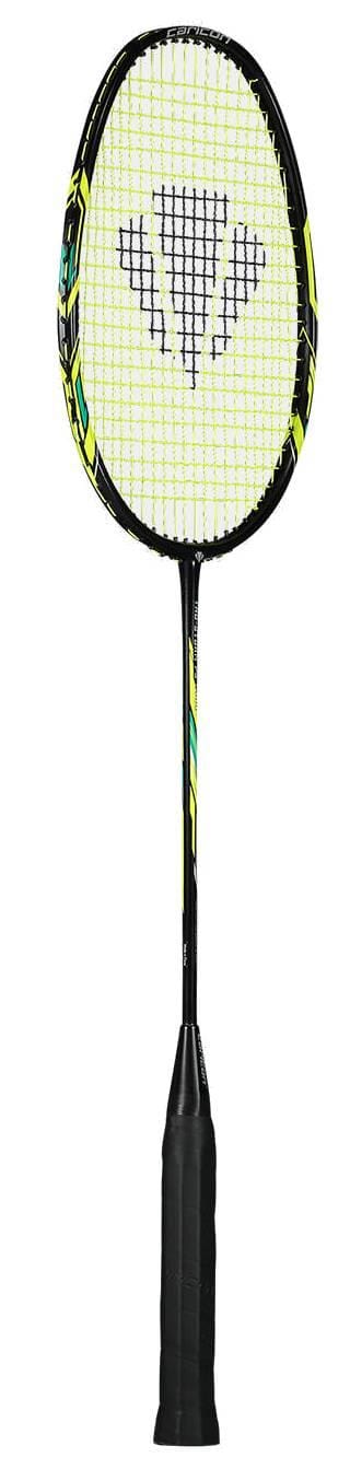 The Carlton Tru-Storm FS 2000 Badminton Racket by Carlton features a black and yellow design with a black grip and triangular logo on the yellow strings. Shown upright on a white background.
