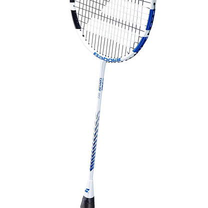 The Babolat Satelite Rise Badminton Racket - Blue / White showcases a head light design for quick maneuverability and is elegantly presented against a white background. The black strings and handle enhance the visibility of the Babolat brand name on the shaft.