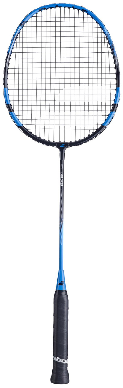 The Babolat Explorer 2026 Badminton Racket in blue and black, designed for beginners by Babolat, features a black grip and is built for easy power generation.