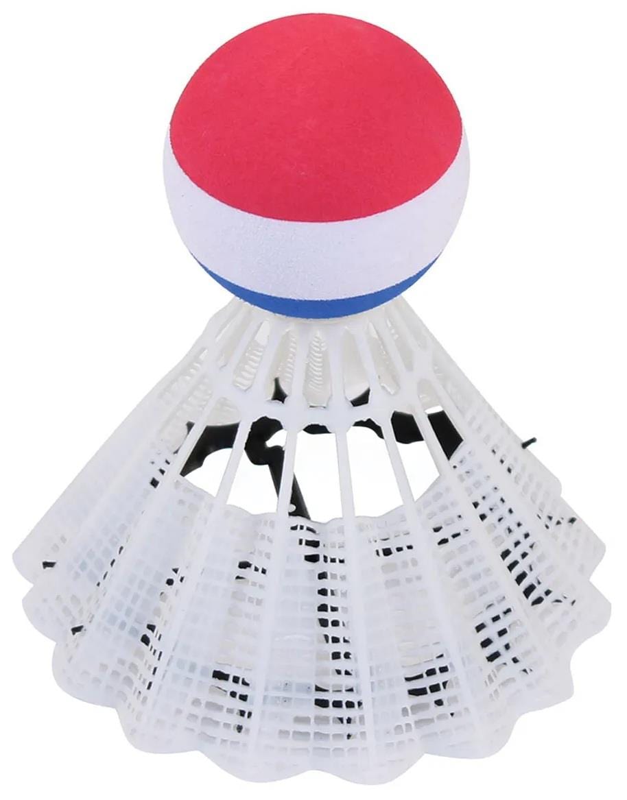 The Sure Shot Giant Badminton Shuttlecock by Sure Shot, with its red and white striped top and white plastic skirt, rests on its side against a plain background. It's an excellent tool for enhancing hand-eye coordination.
