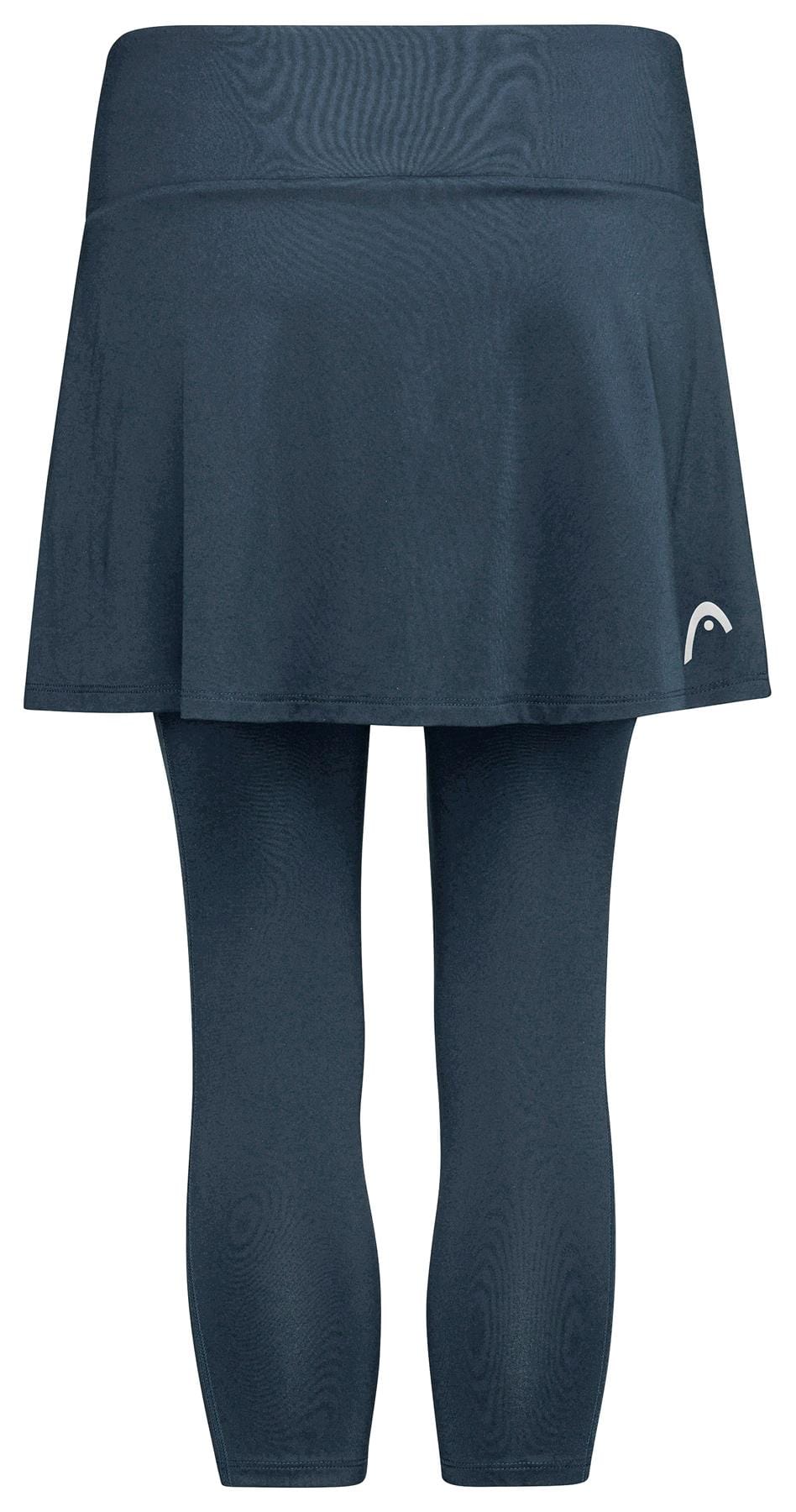 The HEAD Club 3/4 Tights Women's Badminton Skort in Navy features a flared skort with attached capri-length leggings. Made from Moisture Transfer Microfibre for comfort, it includes a small logo on the lower right for subtlety.
