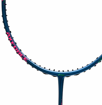 Close-up of the top half of a Li-Ning Axforce 50 5U Badminton Racket in dark purple/blue, with "AXFORCE" in pink on the left. The Box Wing Frame design is shown, and no strings are visible against the white background.