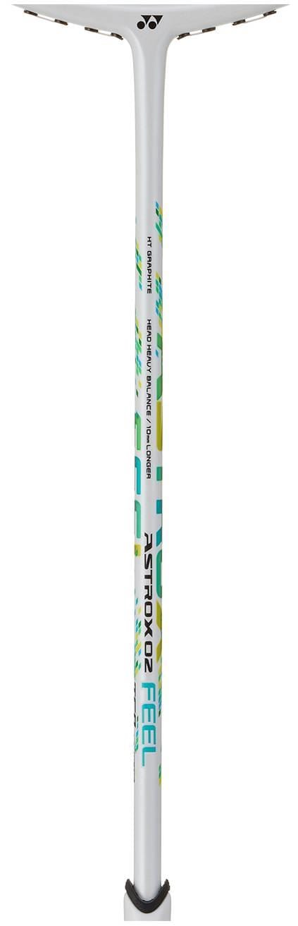 The Yonex Astrox 02 Feel 4U Badminton Racket in White/Green is an entry-level racket featuring a white shaft, blue and green accents, and the Yonex logo at the top.
