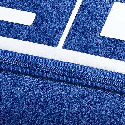 Close-up of the Babolat Court L 9 Racket Badminton Bag in dark blue, featuring recycled PET material, a visible zipper, and a bold white graphic design.