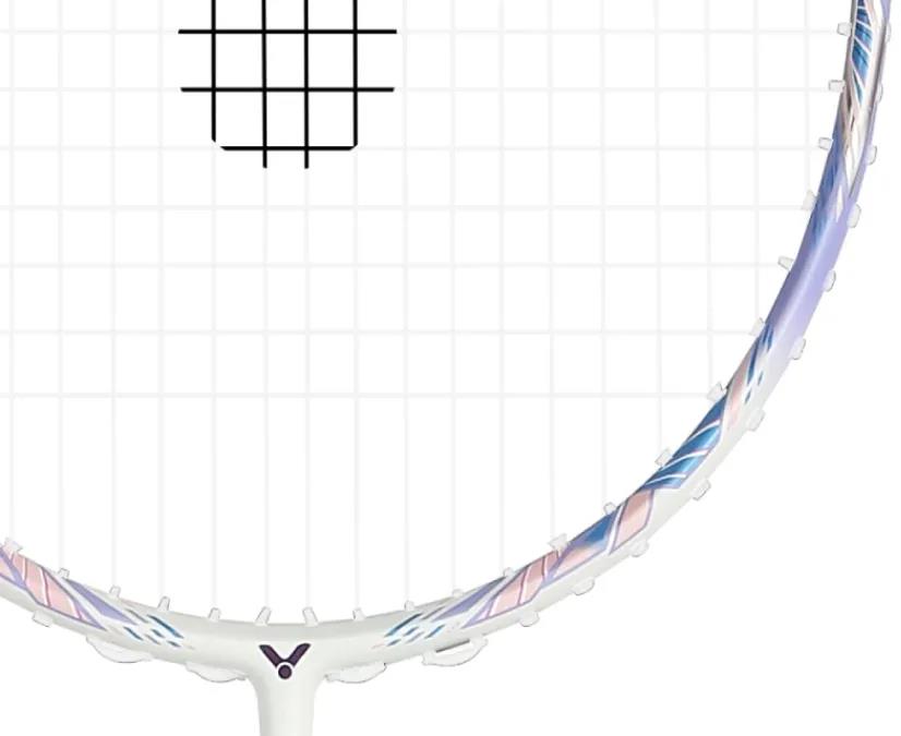 A close-up of the Victor Jetspeed S 12FTD T 4U Badminton Racket by Victor highlights its Aero-Sword frame in violet with a precise string grid and a small logo near the base of the racket head.