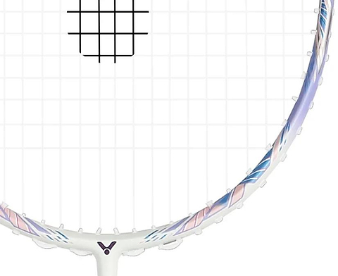 A close-up of the Victor Jetspeed S 12FTD T 4U Badminton Racket by Victor highlights its Aero-Sword frame in violet with a precise string grid and a small logo near the base of the racket head.