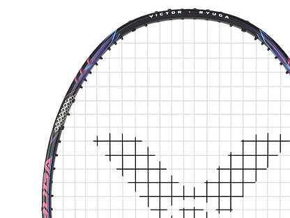 Close-up of a badminton racket head with strings forming a patterned design. The frame is black with purple and pink accents, featuring "Victor Thruster Ryuga II Pro 3U Badminton Racket - Mazarine Blue" on the top edge, showcasing its HARD CORED TECHNOLOGY for enhanced performance.