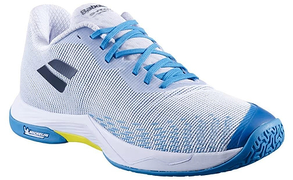 The Babolat Shadow Spirit 2 Men's Badminton Shoes in White/Algier Blue feature blue laces and accents, a black side logo, and a Michelin outsole for superior grip.